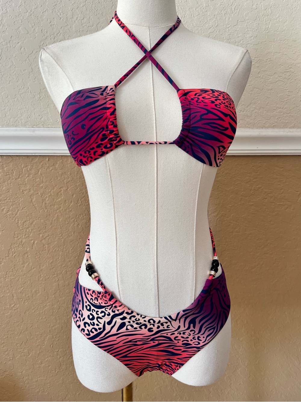 NWT Fashion Nova Pink & Purple Animal-Print Beaded Bikini